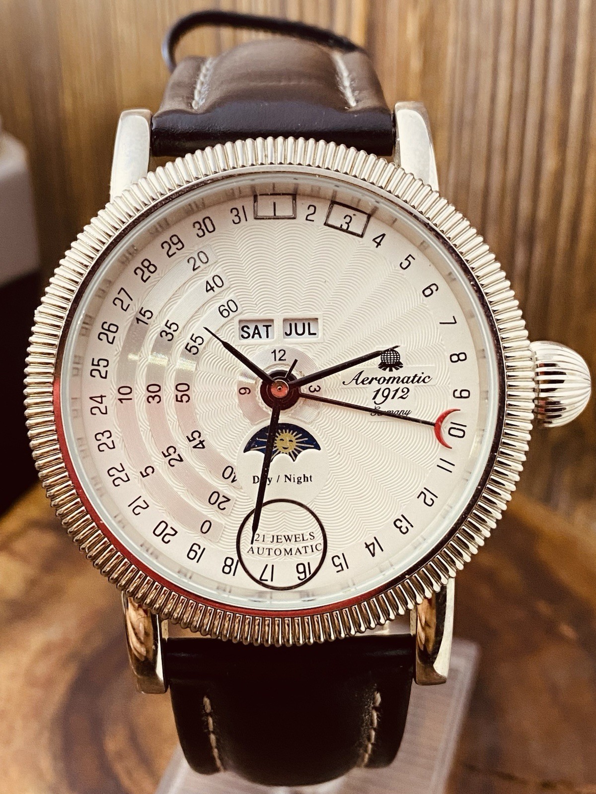 AEROMATIC 1912 GERMANY A1281 STAINLESS STEEL GENUINE LEATHER WRISTWATCH #7358
