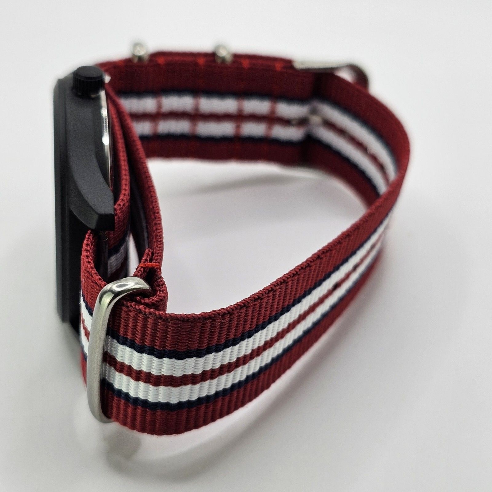 Men’s Military Watch 42MM Large Case Black Dial Red Blue White Canvas Band Strap