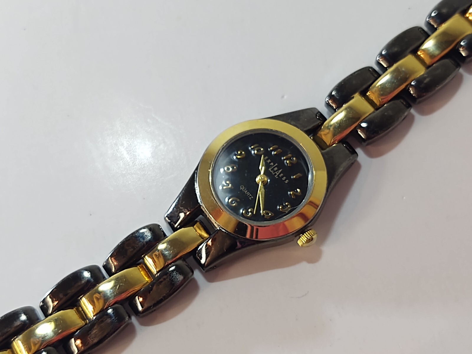Womens LA Express Watch Black Dial Black & Gold Bezel & Band Show Wear