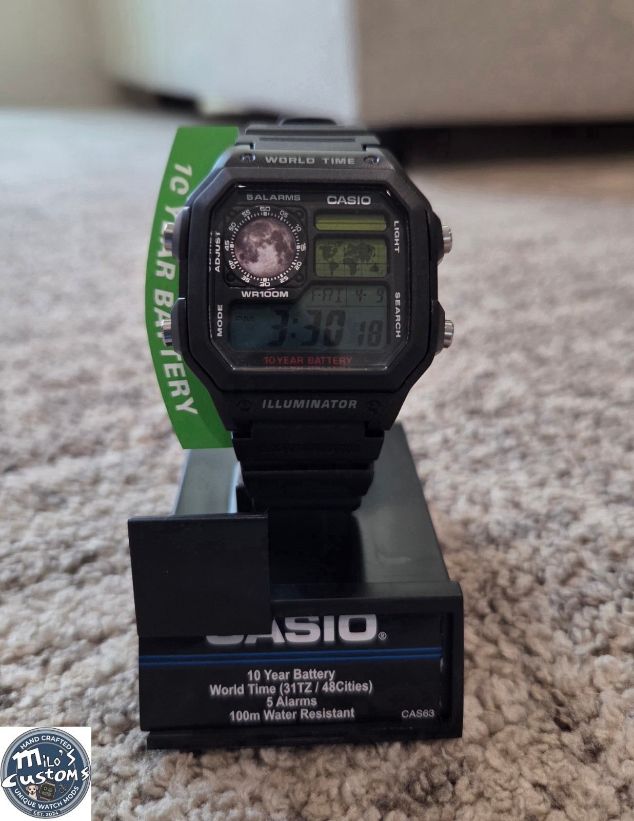 Casio World Time Digital Watch Black Resin 10 Year Battery WR100M Box Manual