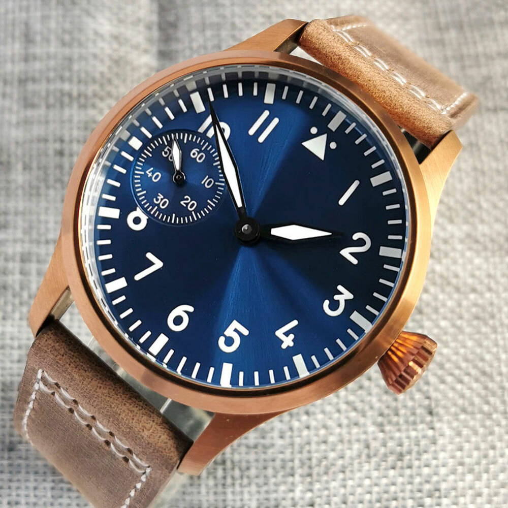 Bronzed PVD Mechanical Hand WInding Men Watch Sunburst Blue Green Dial Luminous