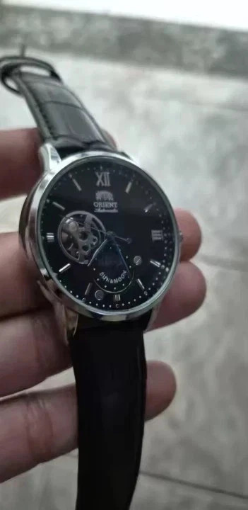 Orient Sun & Moon Semi Skeleton Automatic Watch Men’s Leather Strap Luxury Gift