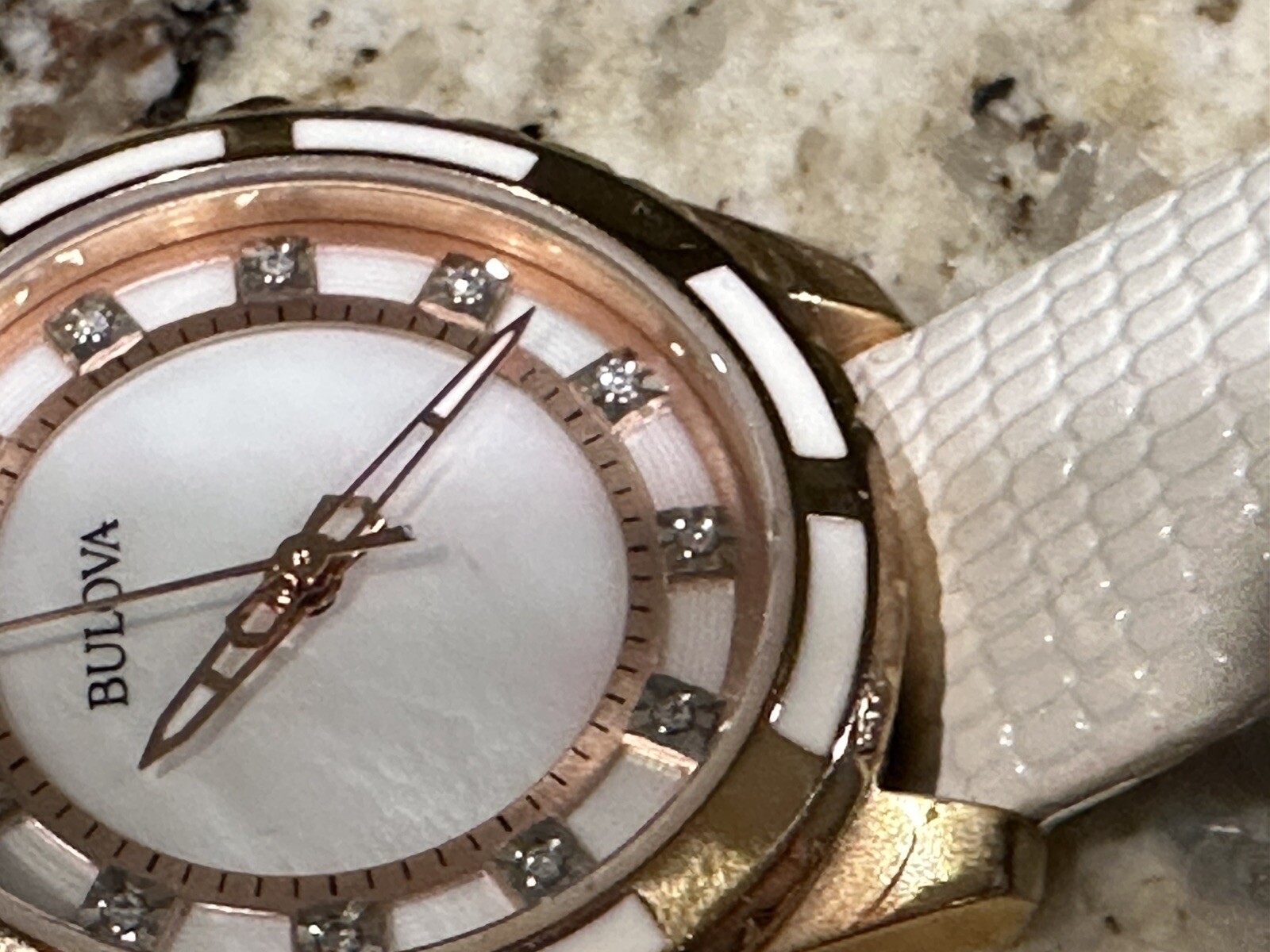Bulova Classic Women’s Rose Gold Diamond Leather Strap Watch Classic 12 Diamonds