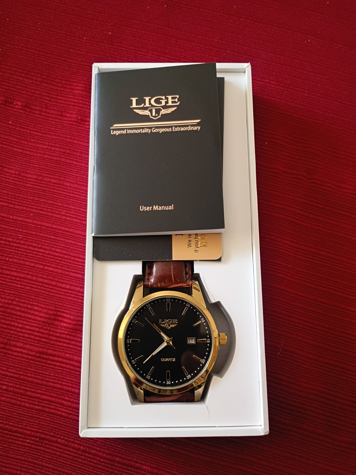 LIGE Men’s Analog Quartz Watch Gold Case Black Dial Date Brown Leather