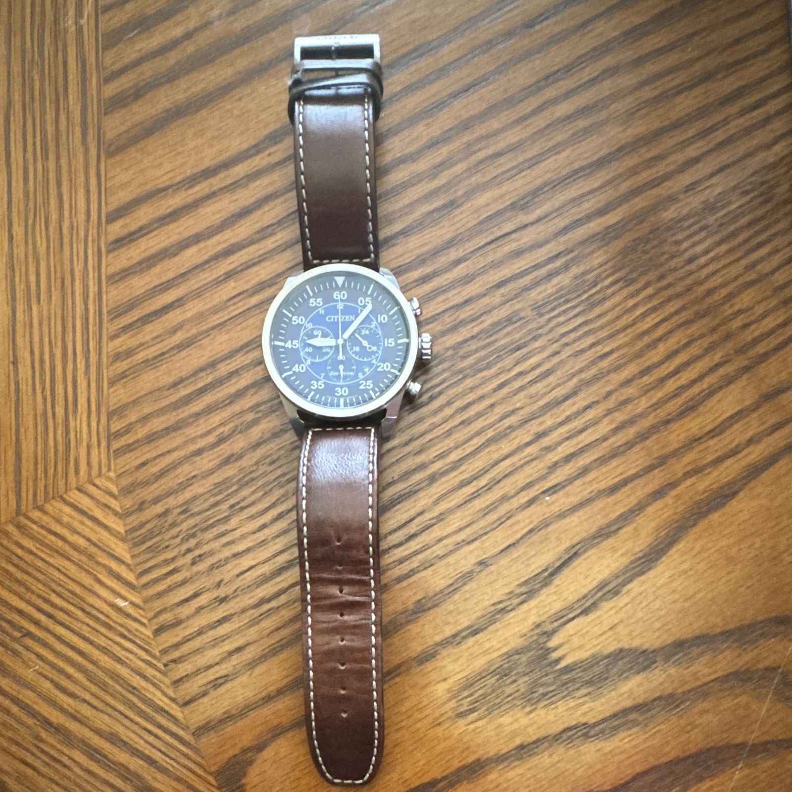 Citizen Eco-Drive Chronograph Date Blue Dial Brown Leather Strap 42mm 100m