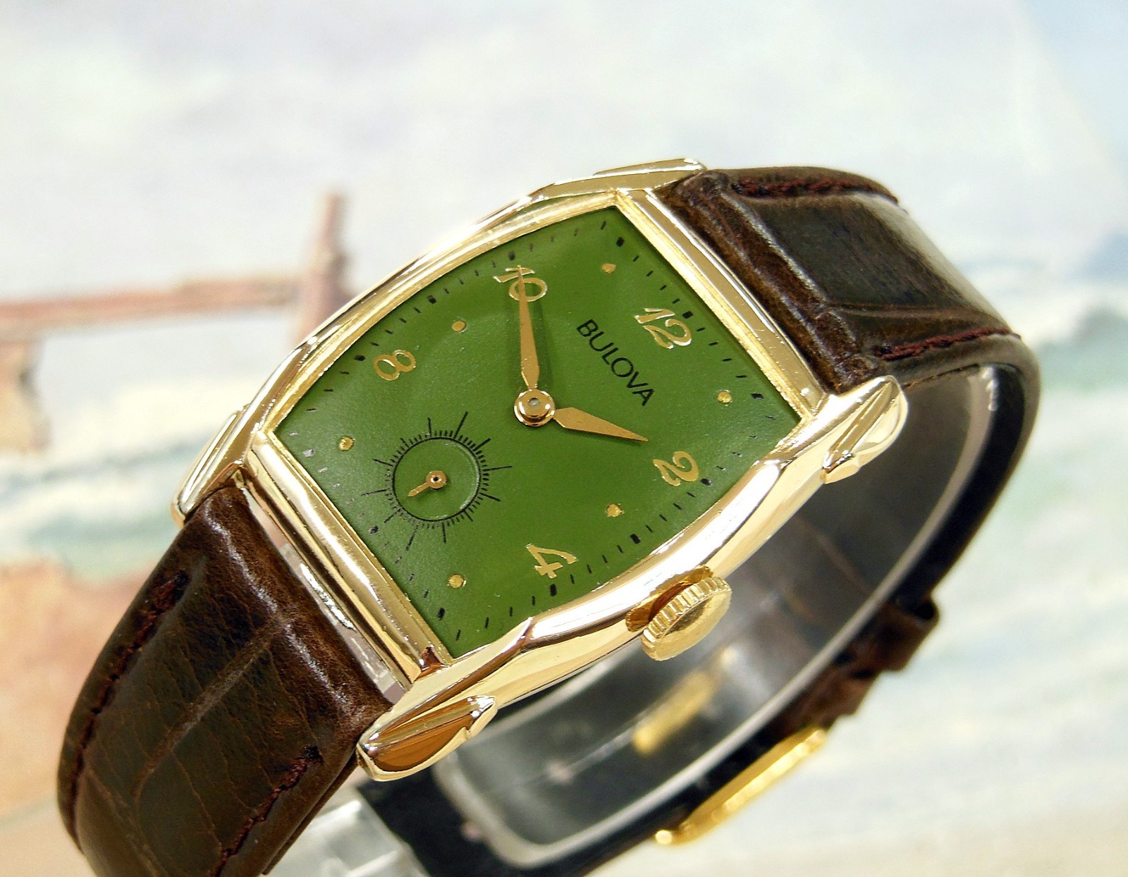 1951 Vintage BULOVA Fancy Case, Stunning GREEN Dial, Serviced & Warranty