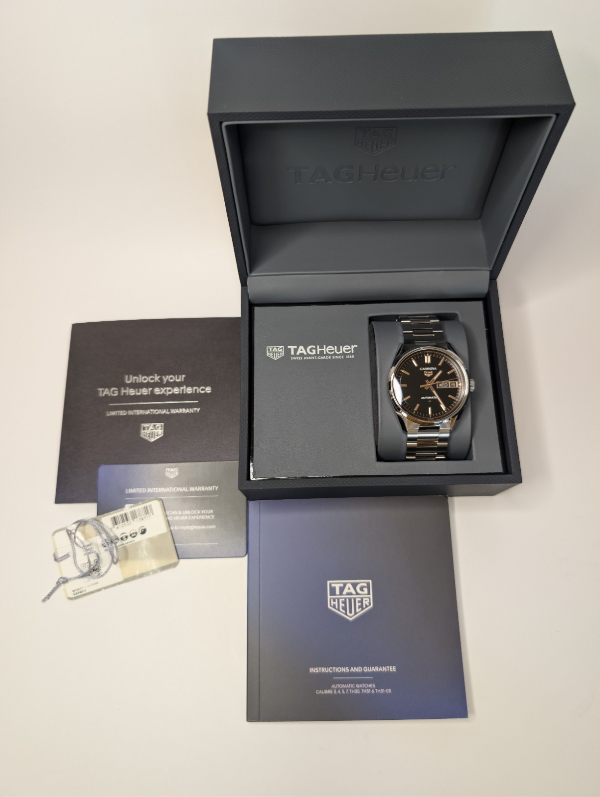 TAG Heuer Carrera Automatic black day-date bracelet Box Papers 15K gold accents