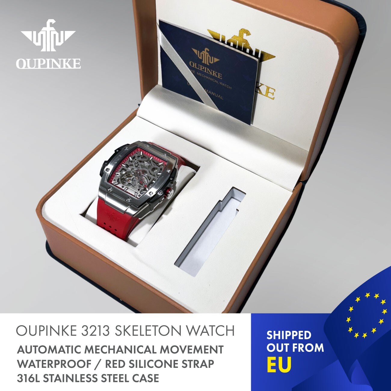 OUPINKE 3213 Skeleton Automatic Mechanical Waterproof Watch . Red edition.