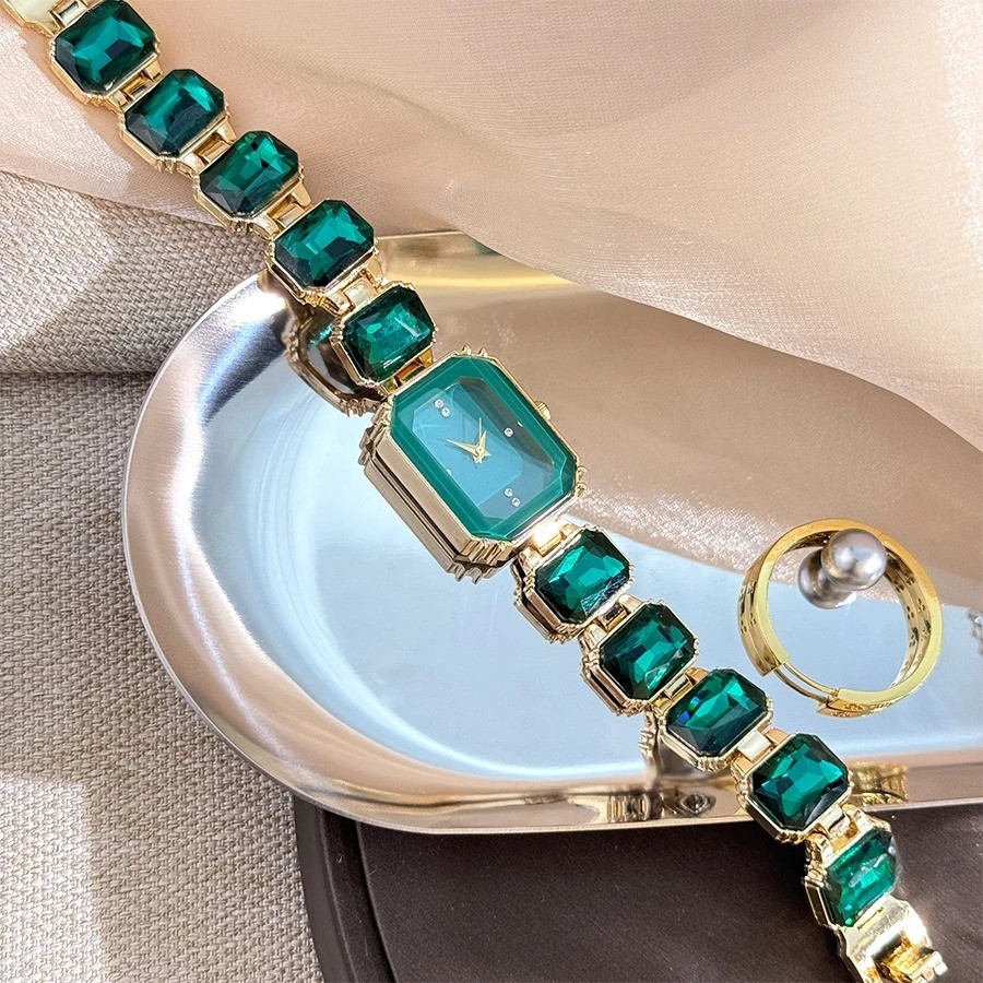 Square Case Quartz Wrist Watches for Women Faux Gem Strap Bracelet Banquet Watch