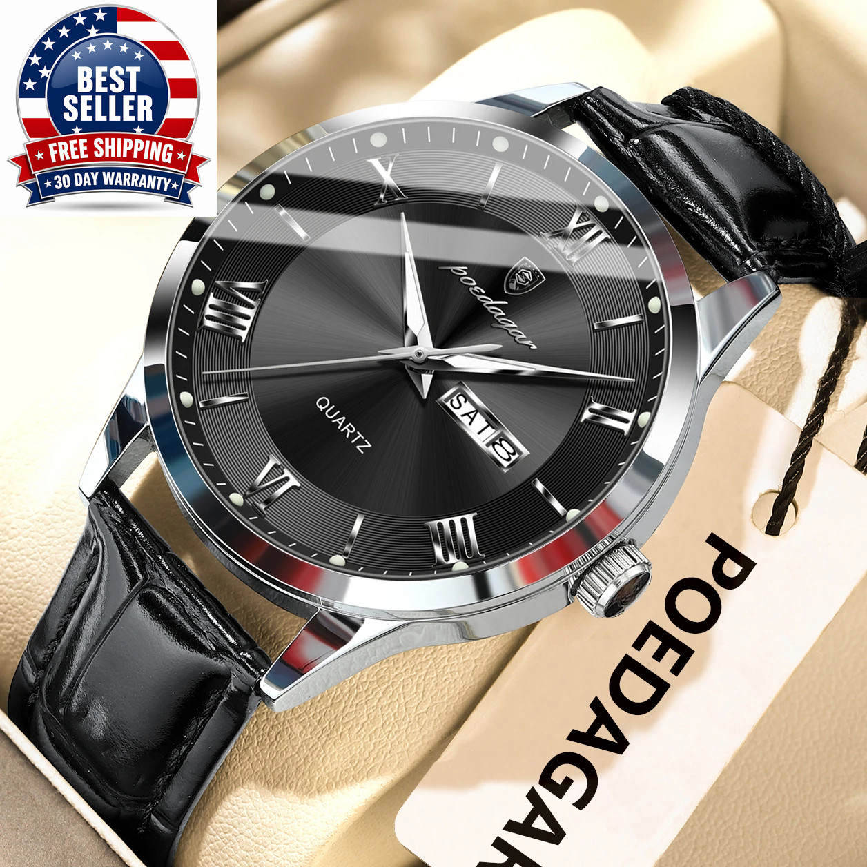 Men’s Waterproof Quartz Watch with Leather Band and Luminous Features