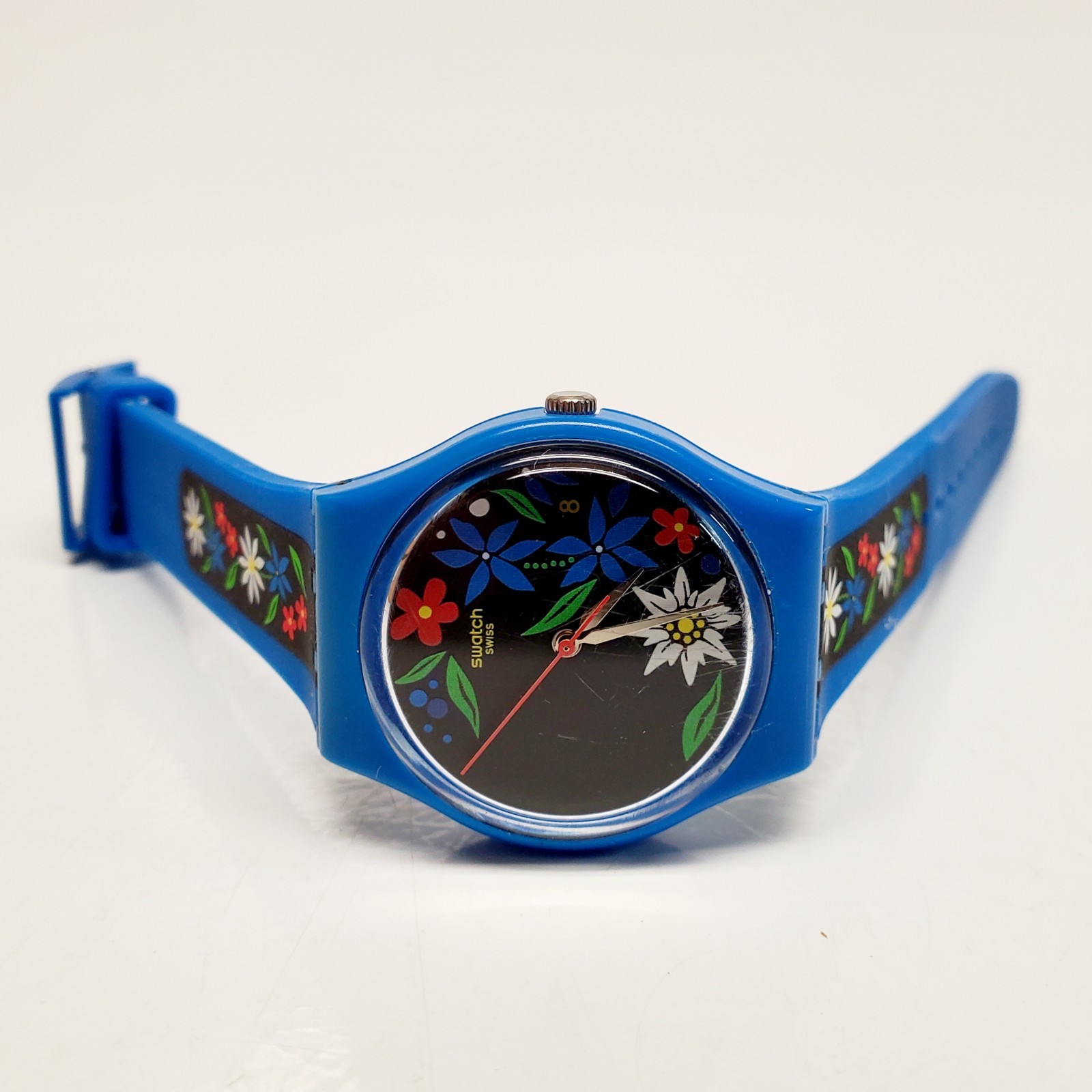 Swatch EDELBLAU Blue Flowers Women’s 34mm Watch GN412- Rubber Silicone Band