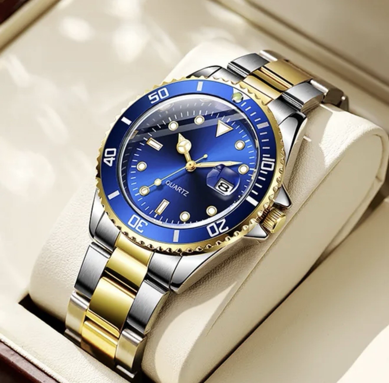 Men Quartz Luxury Watch With Calendar Bracelet Folding Clasp
