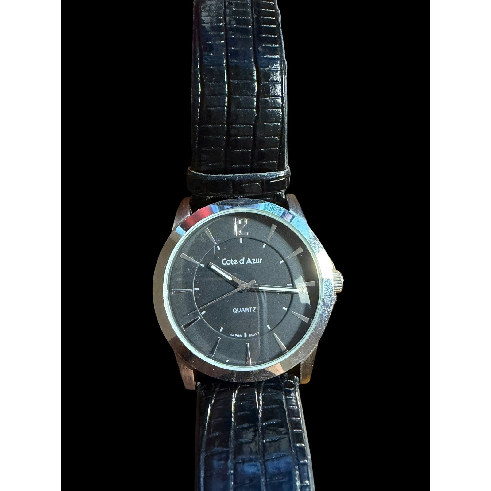 Cote d’Azur Men’s Quartz Watch Black Faux Leather Band Silver Tone Case