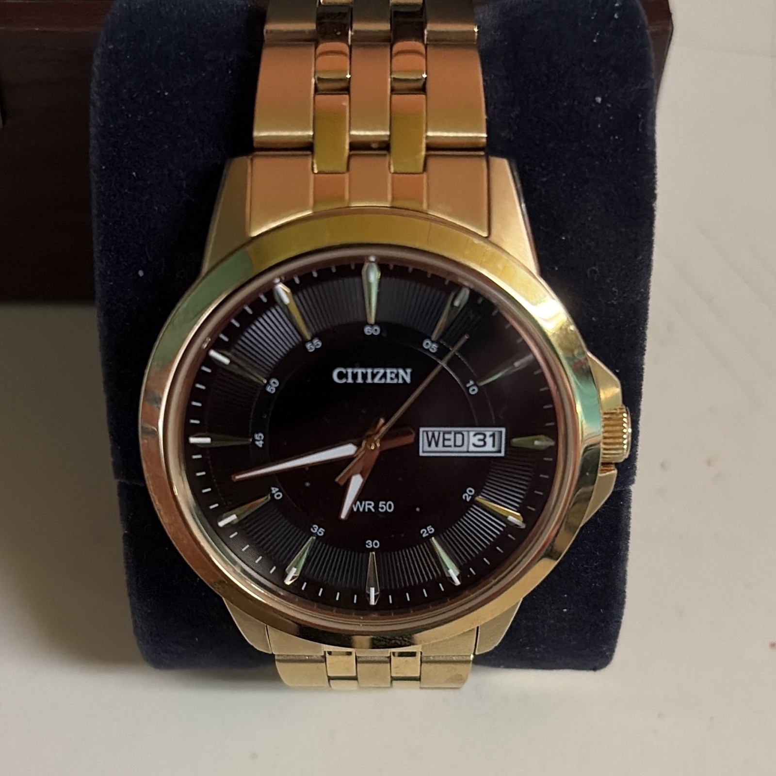 Citizen Men’s Gold-Tone Bracelet Watch Black Dial Day/Date Quartz WR50m