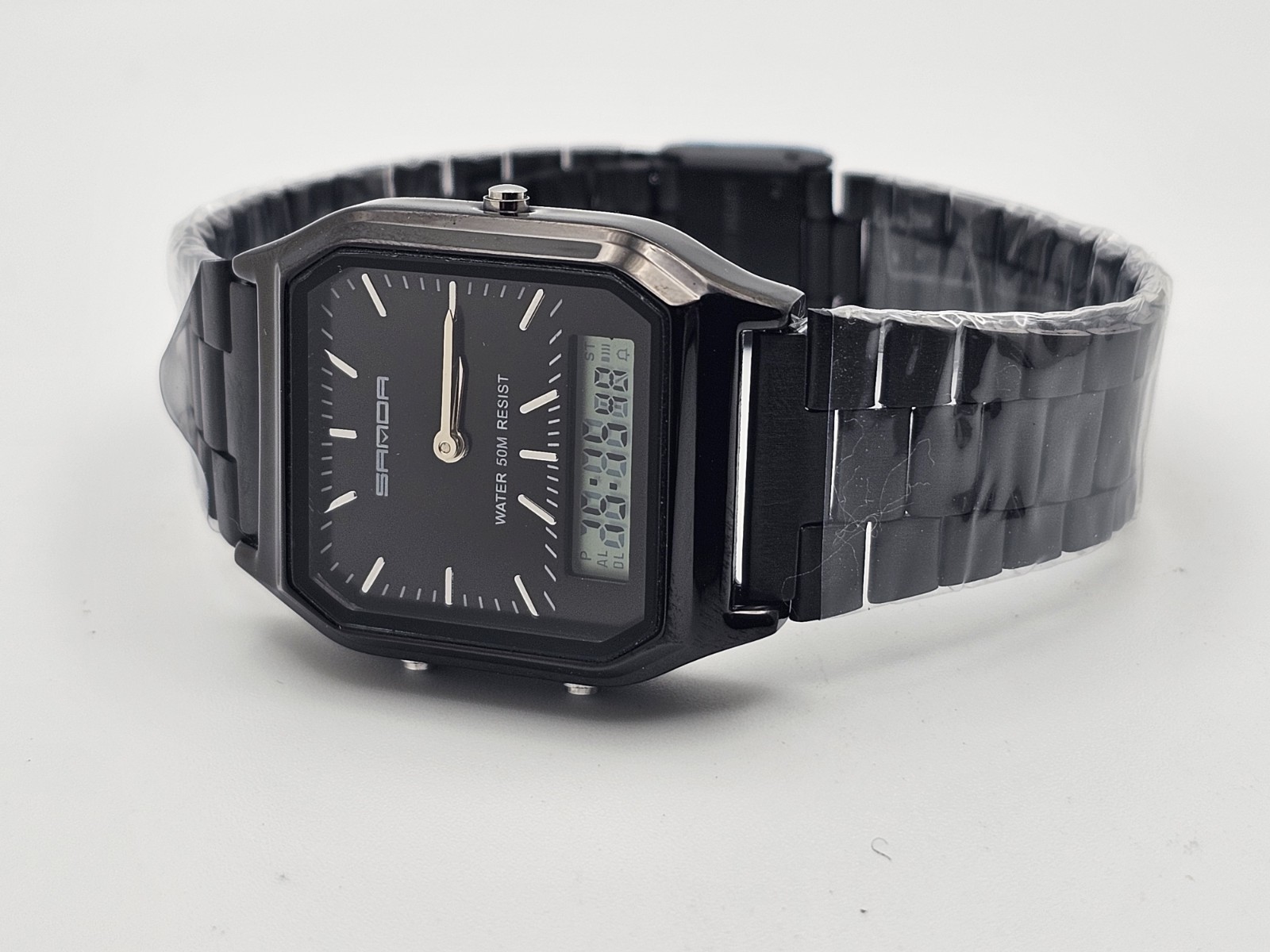 SANDA Classic Gloss Black Analog/Digital Green Backlight WR50M Men Stainless🔥👀