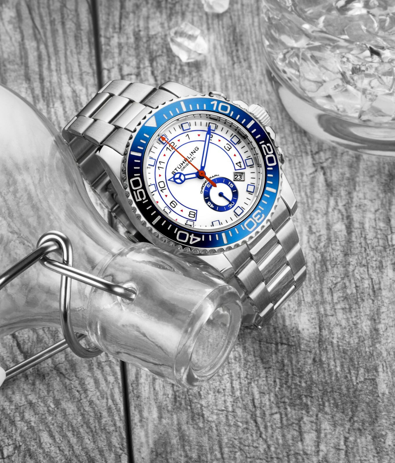 Stuhrling Men’s Chronograph Diver White Dial Blue Bezel Silver Bracelet Watch