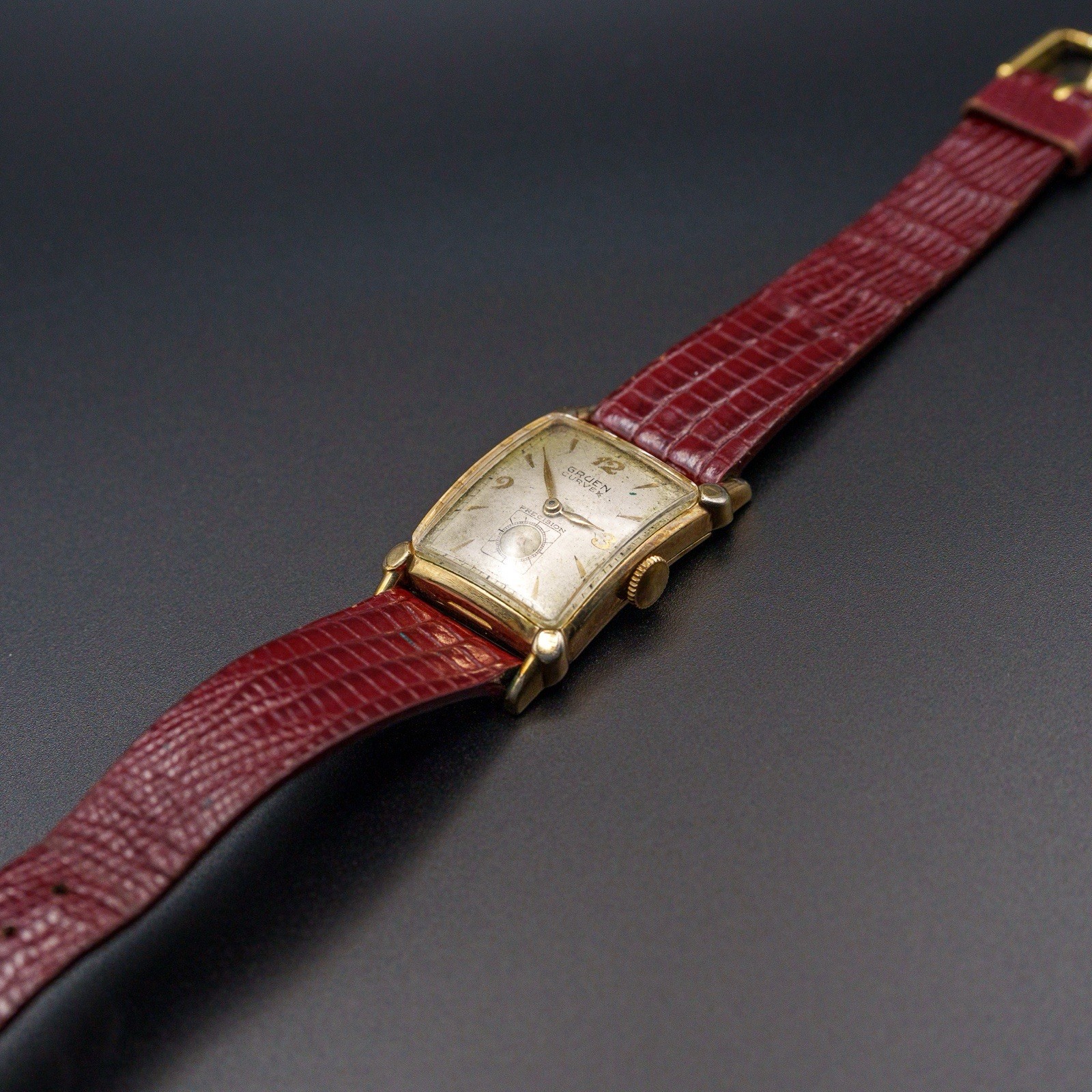 RARE True Gruen Curvametric Precision 1950 Manual, Gold Case, Red Strap, RUNNING