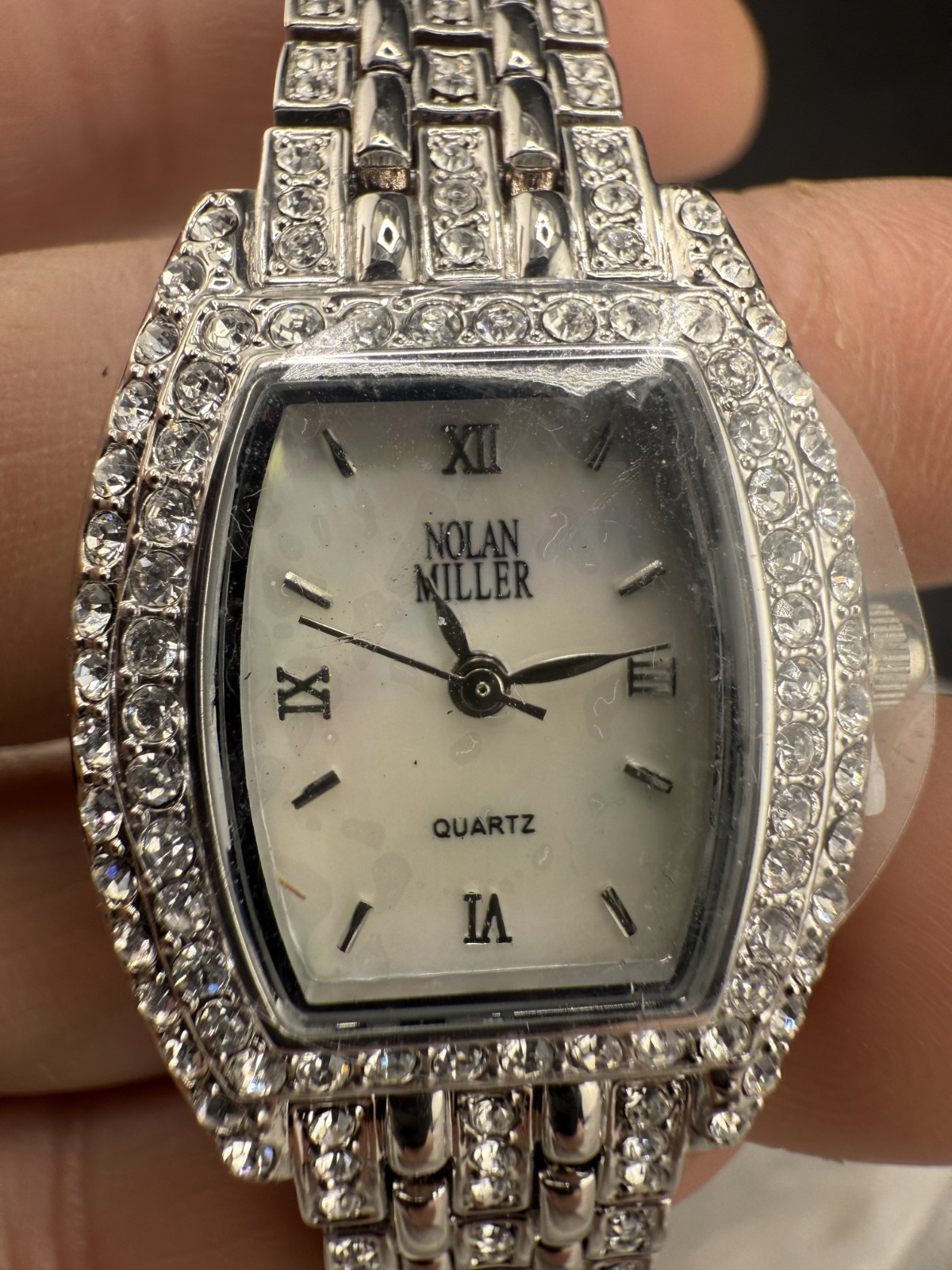 Nolan Miller Watch Woman Pave Analog Silver Tone Snap Signed NEEDS BATTERY