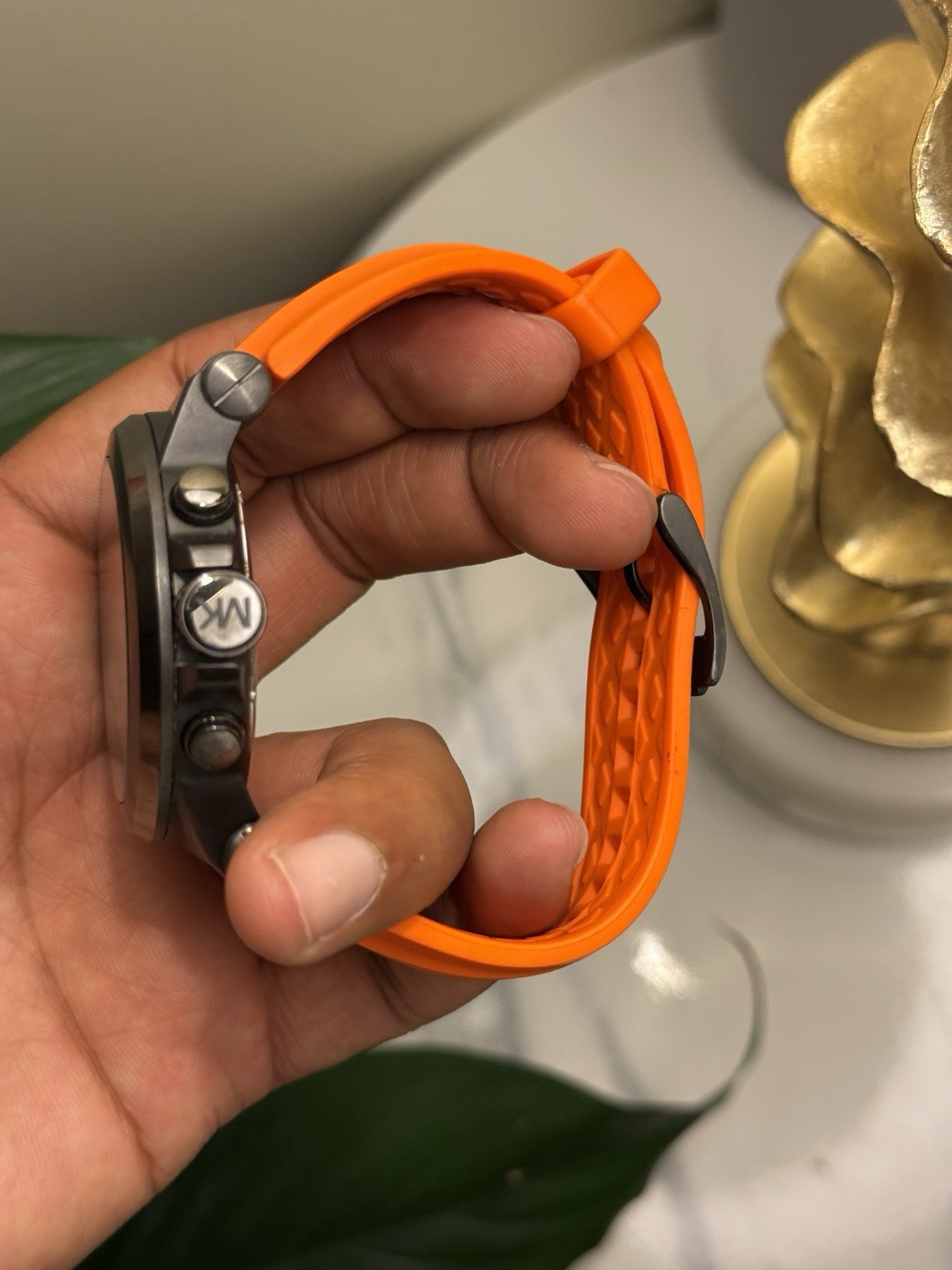 Michael Kors Gray Dial Chronograph Watch with Orange Strap Mens