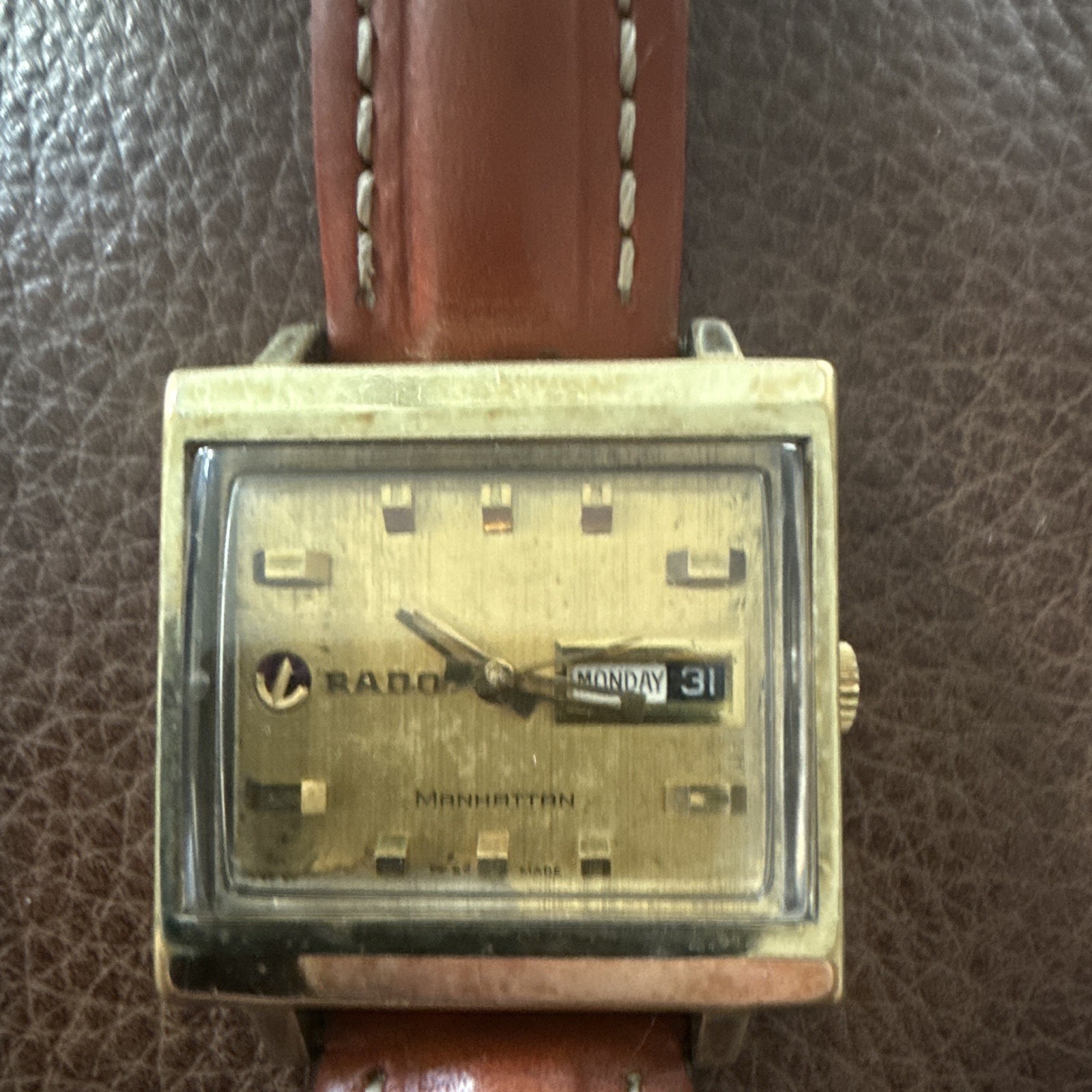 Rado Manhattan Swiss Automatic Day/Date Square Gold Dial Brown Leather Strap
