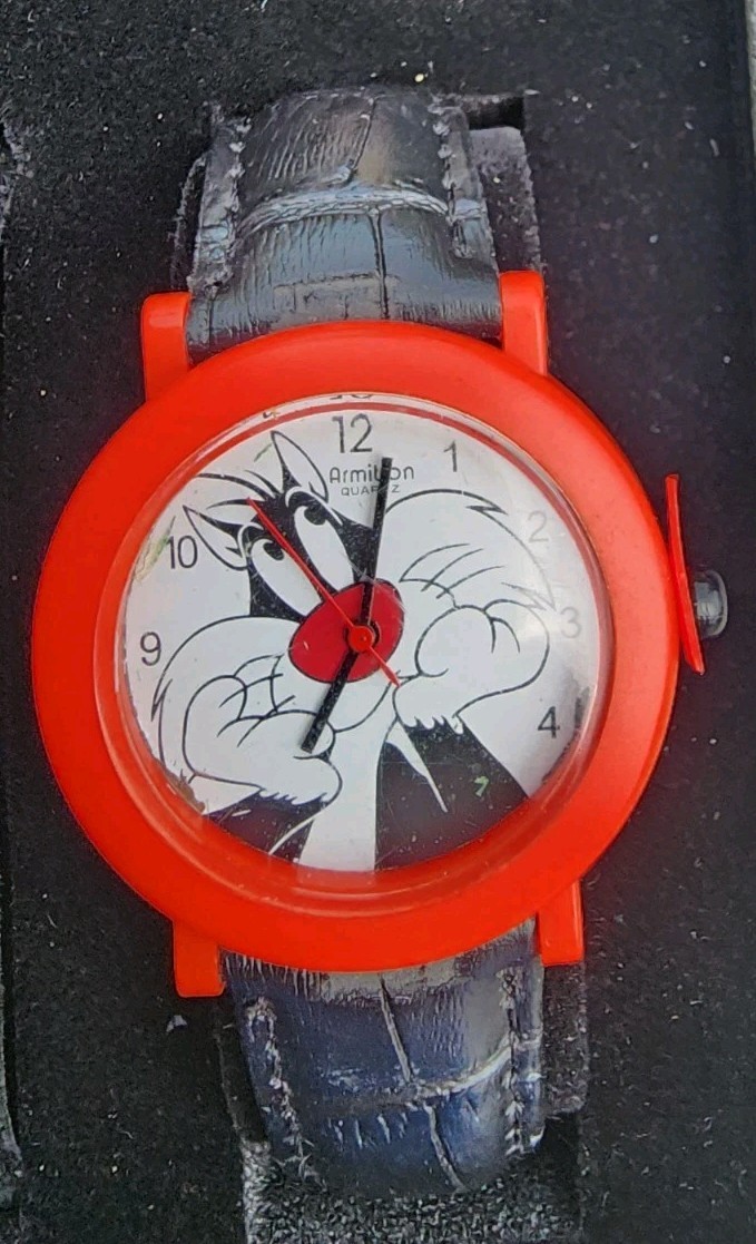 Armitron Quartz Cartoon Dial Analog Watch Red Plastic Case Black Leather w/ Box
