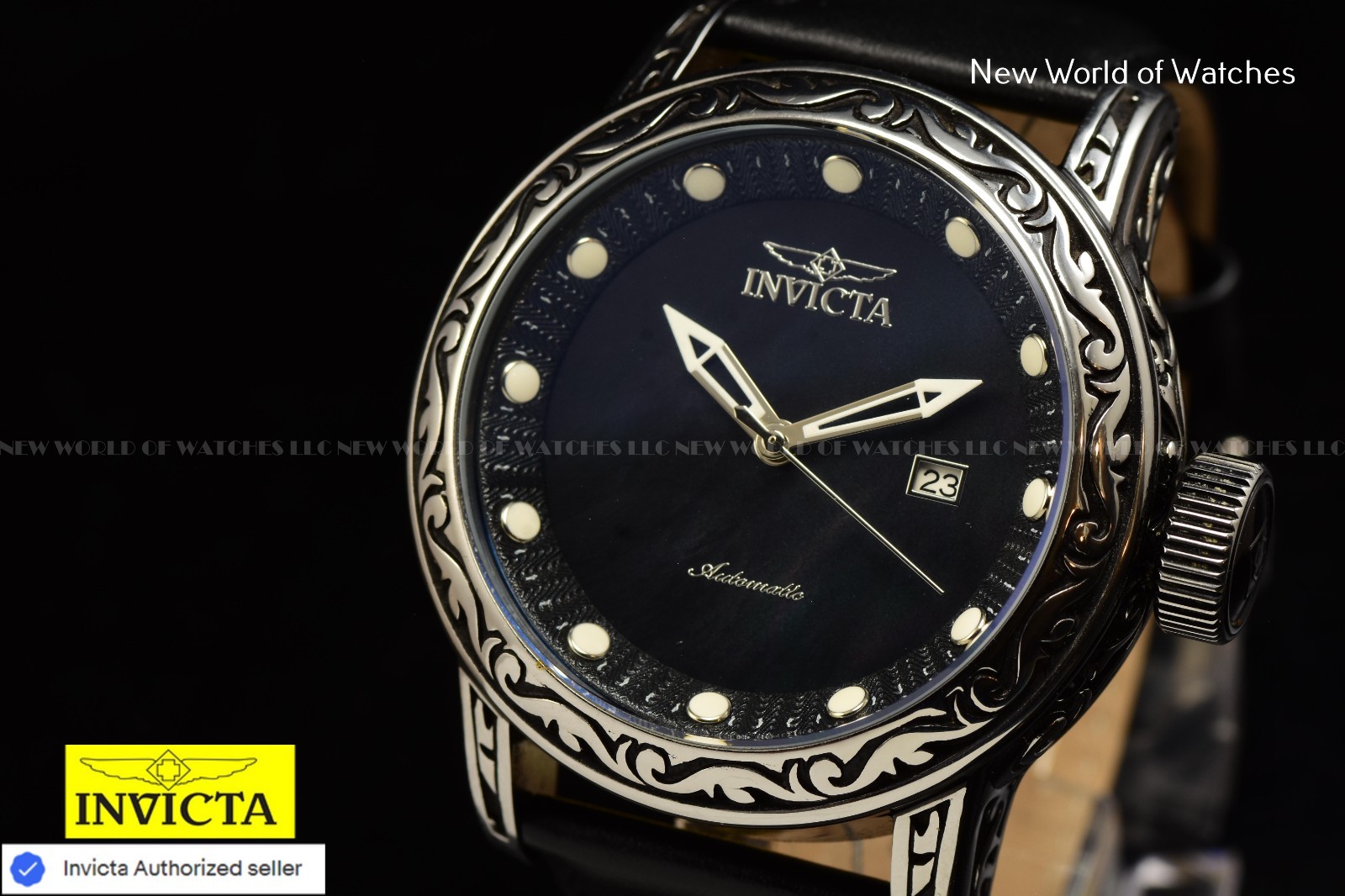 Invicta Men’s Vintage 52mm Automatic MOP Dial Black Tone Leather Strap Watch