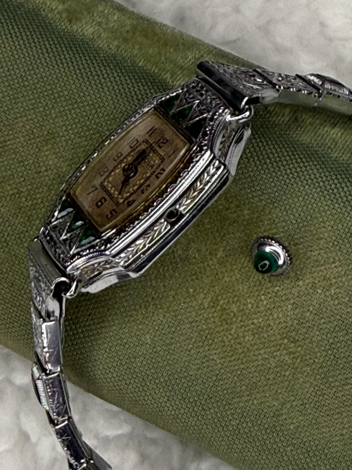 Vintage 1929 Ladies Bulova “Miss Liberty” wristwatch with emeralds