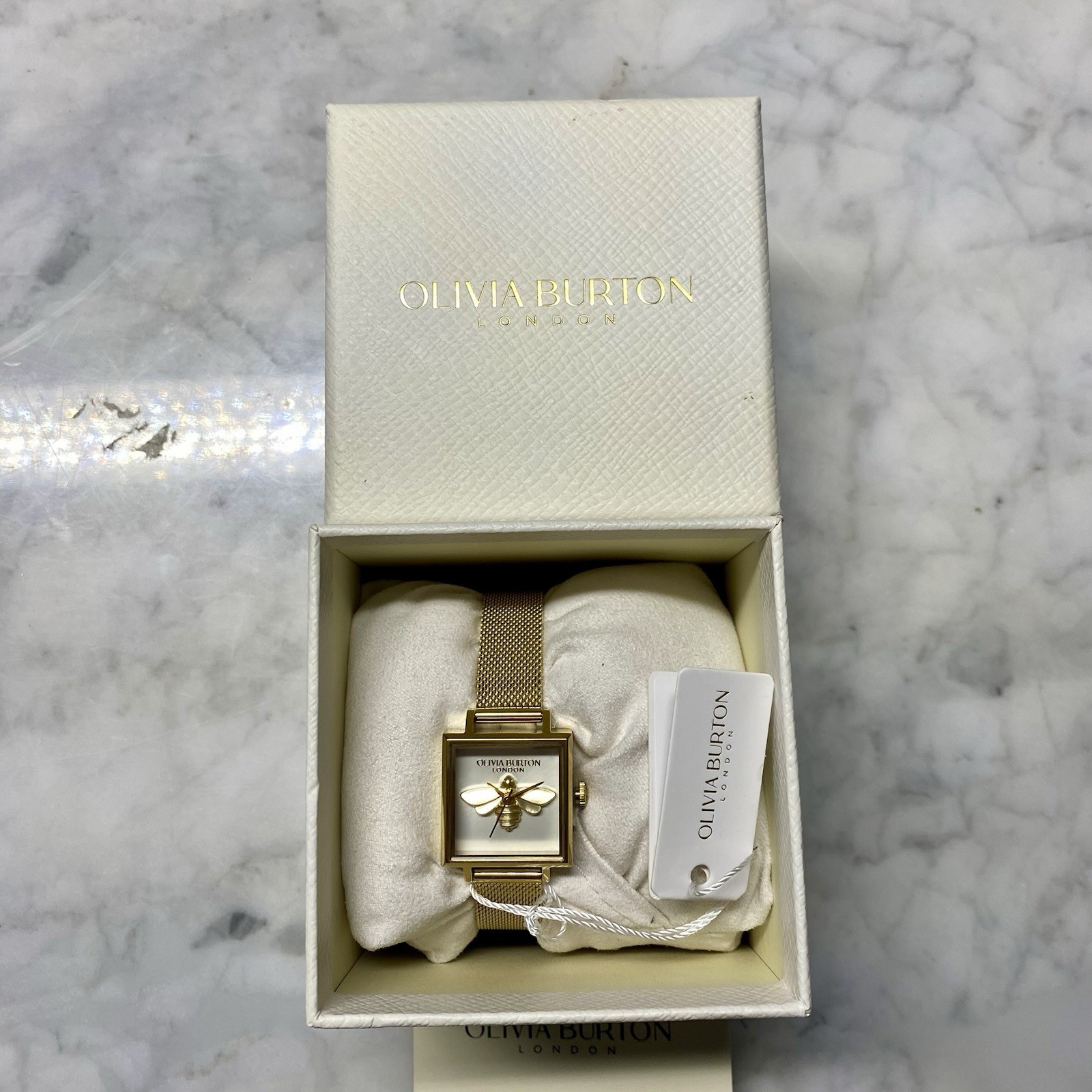 Olivia Burton 23mm Lucky Bee White & Gold Mesh Watch