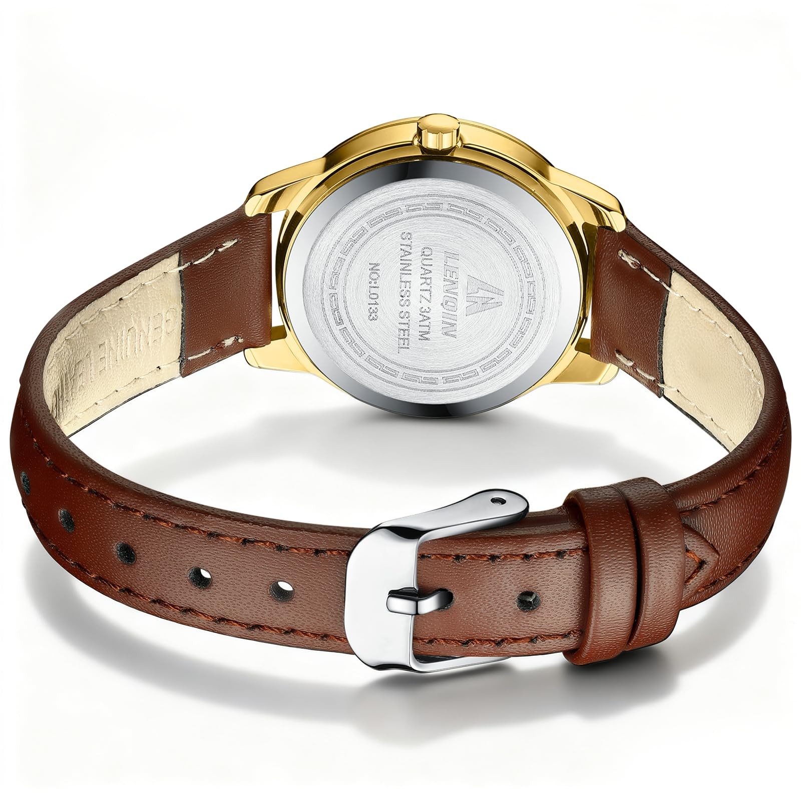 Women’s Analog Quartz Watch Dark Brown Leather Strap Easy Reader White 30mm 3ATM
