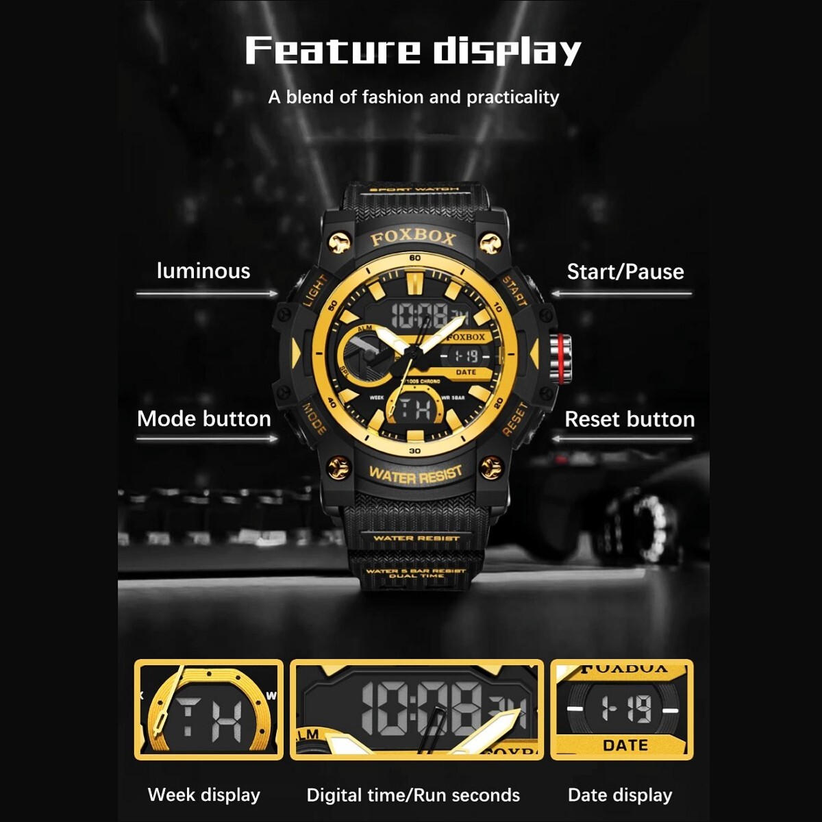 Men’s Watch Big Dial Quartz Digital Analog Luminous Waterproof Sports Wristwatch