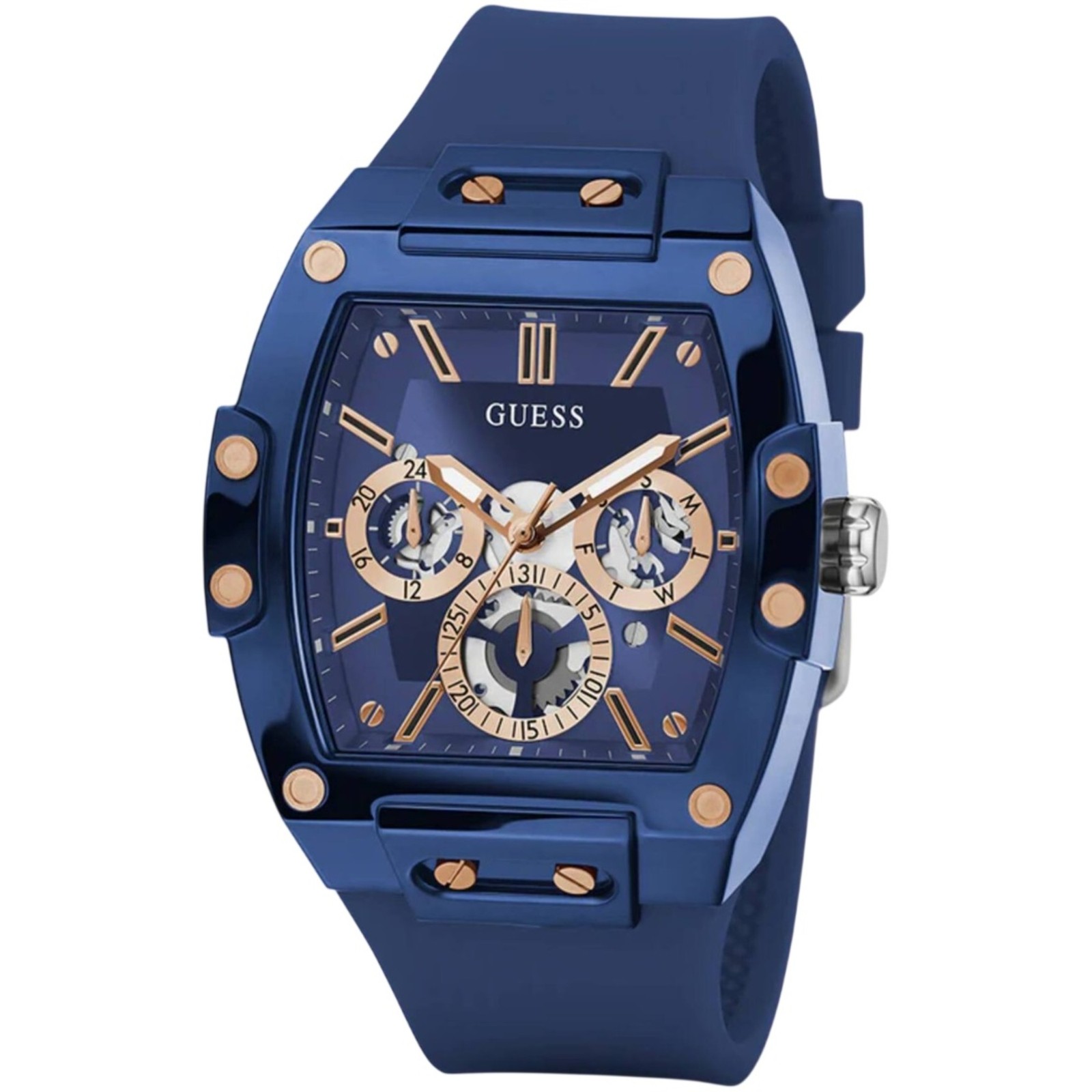 Guess Men’s Watch Quartz Blue and Rose Gold Dial Silicone Rubber Strap GW0203G7
