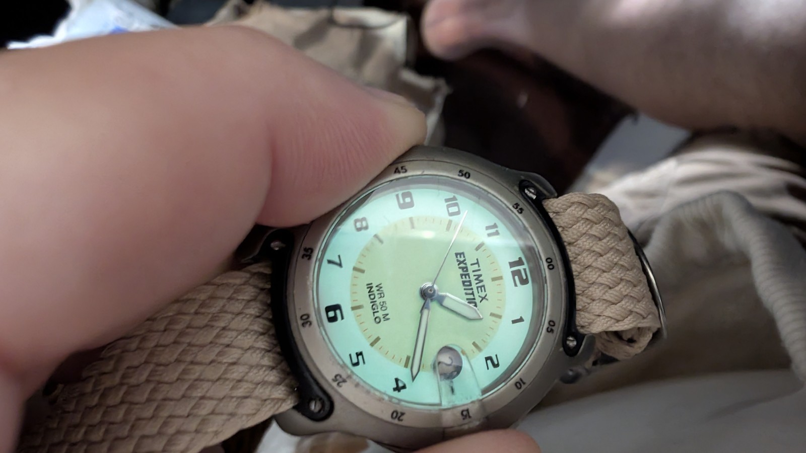 Timex Expedition WR50M Indiglo Date Cream Dial One-Piece Strap Watch