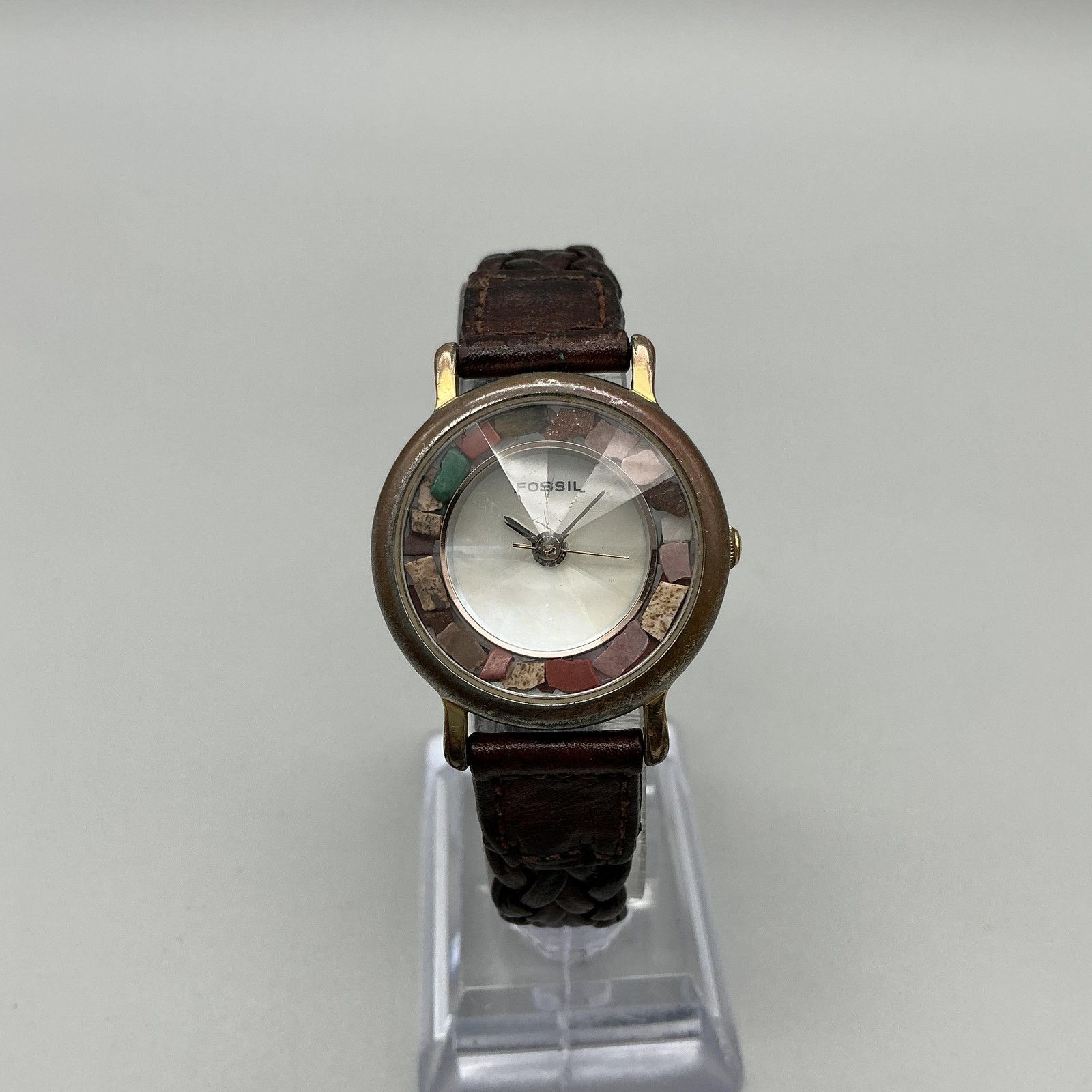 Vintage Fossil Womens Watch 28mm Mosaic Stone Bezel Leather PC-7024 New Battery