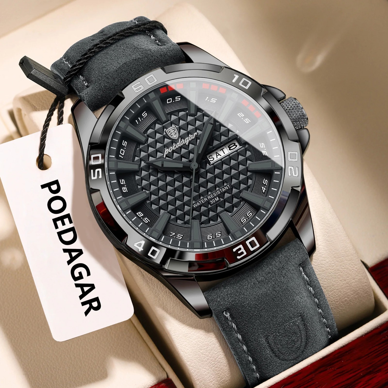 Luxury Men’s Quartz Watch Waterproof Luminous Date Day Leather Strap Wristwatch