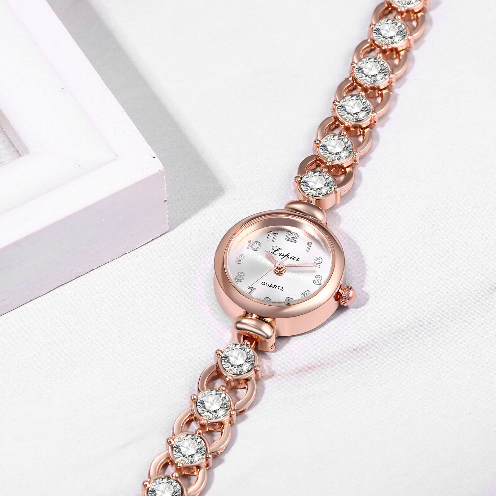 Womens Girls Slim Diamond Bracelet Watch Simple Round Quartz Analog Dress Watch