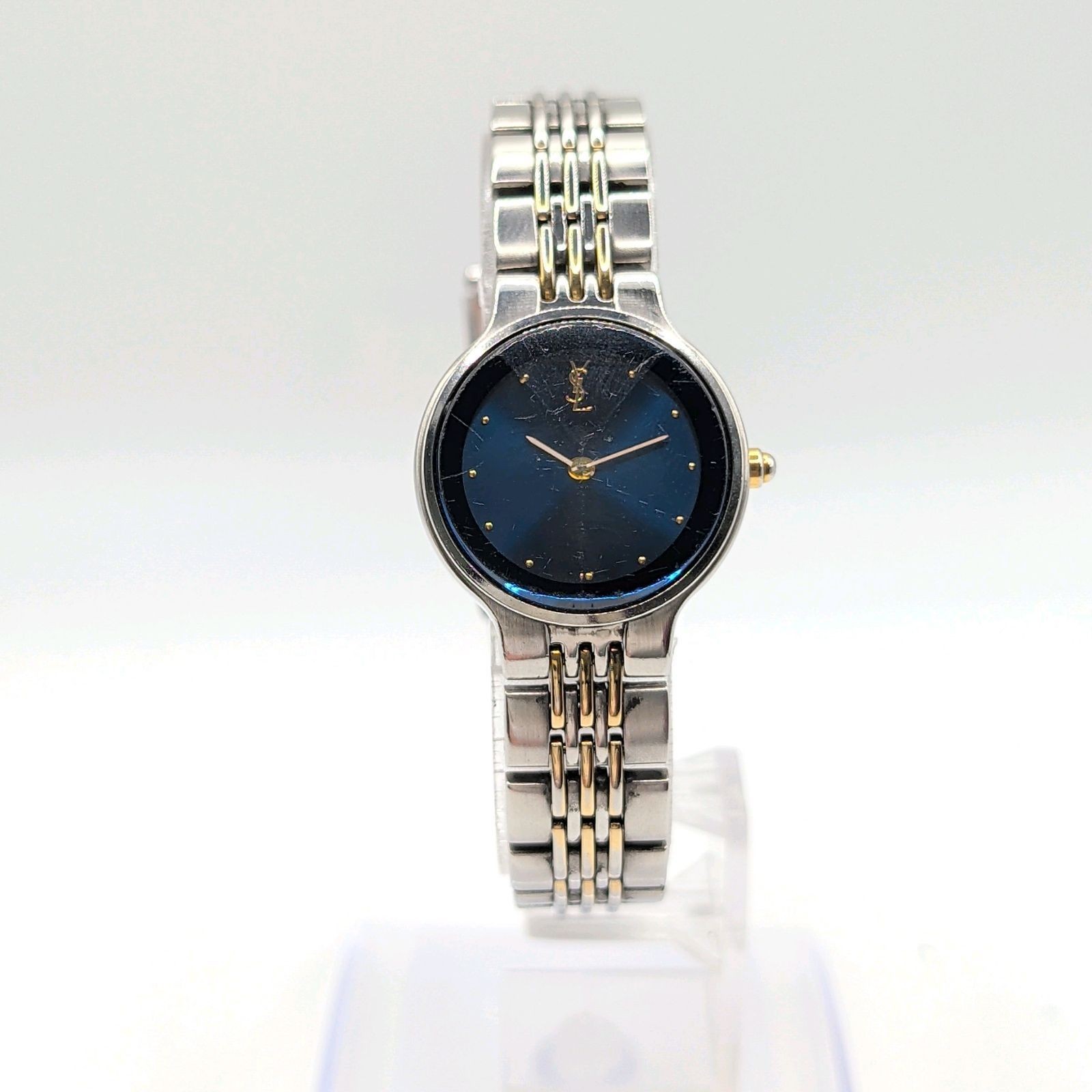 Yves Saint Laurent 5421-H10058 Y Cut Glass Quartz Silver Blue Dial Wristwatch
