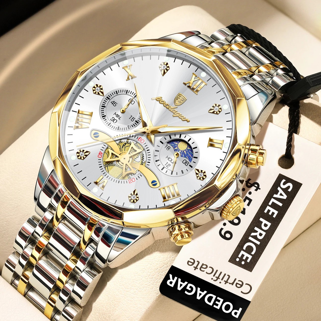POEDAGAR Mens Quartz Watch Stainless Steel Waterproof Luminous Chronograph