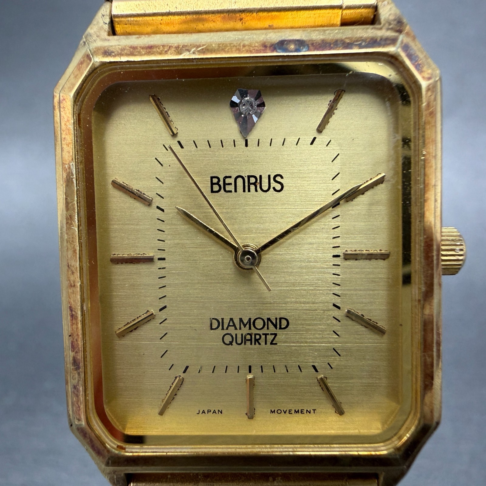 Benrus Tank Watch Men 26mm Gold Dial Gold Tone Octagon New Battery VTG