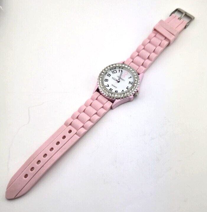 Pink Ribbon Awareness Rhinestone Watch Embassy Gruen Pink Silicone Band NEW BATT