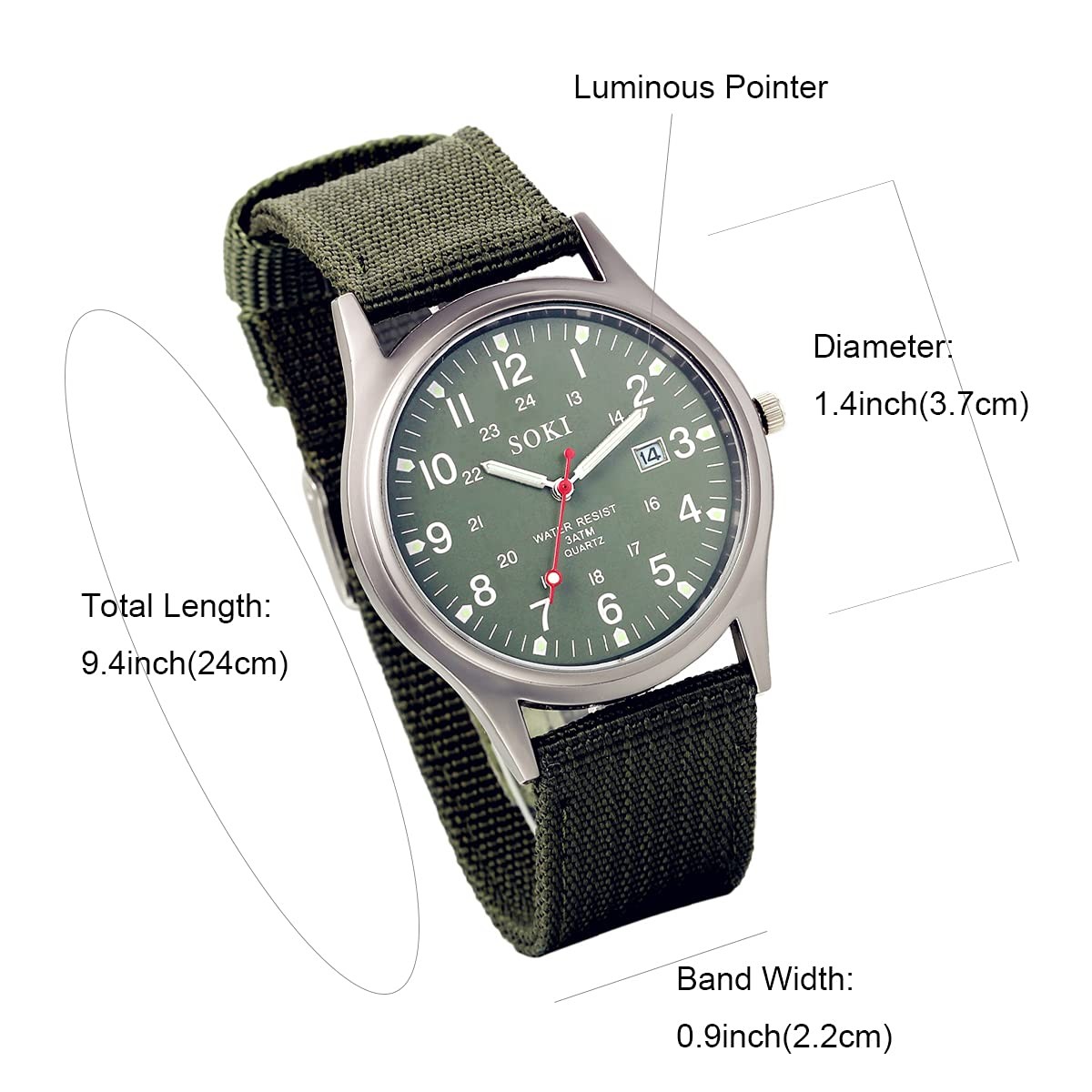 Analog Quartz Field Watch Woven Nylon Band 24H Luminous Military Army Green 35mm