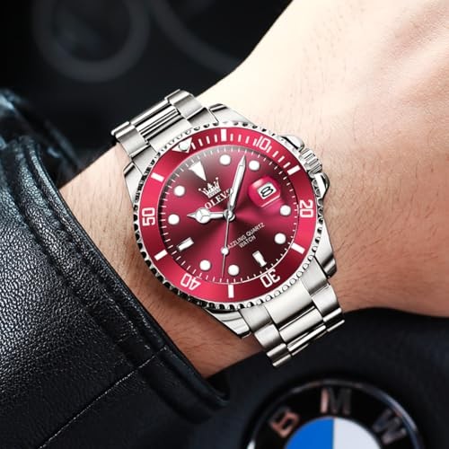 Men Watch,Big Dial Watches for Men Stainless Steel sliver band red face-G5885G