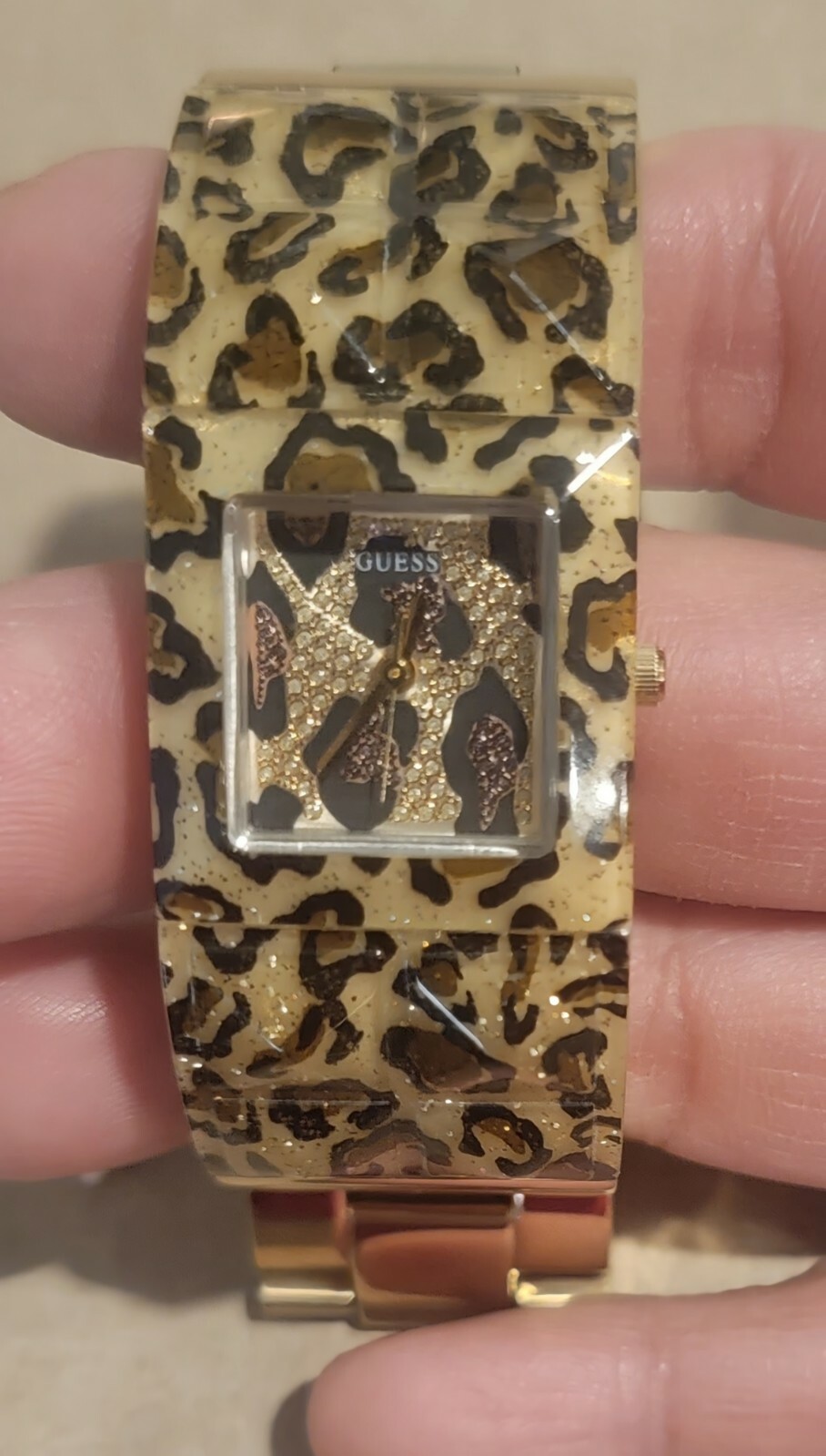 GUESS Watch Gold-Tone and Animal Print Polycarbonate Bracelet 24mm U0052L2