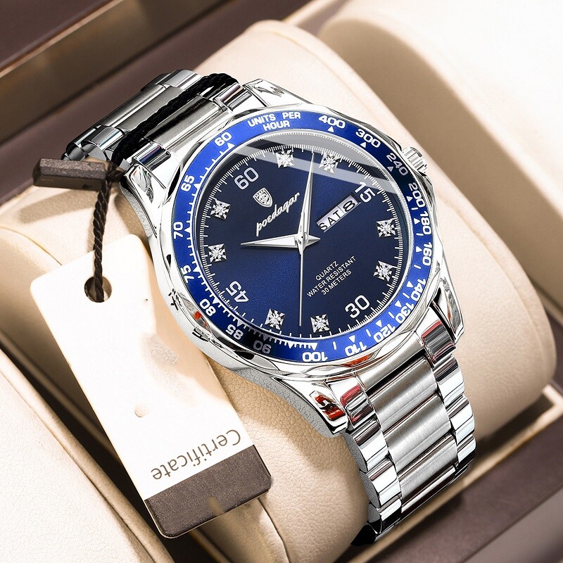 POEDAGAR Men Date Watch Quartz Wristwatch Waterproof Luminous Stainless Watches