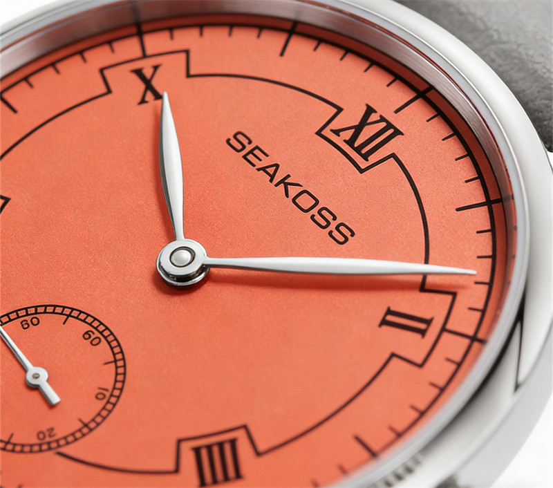 SEAKOSS Manual Wind Mechanical Watch Orange Roman Dial Small Seconds Gray Leathe