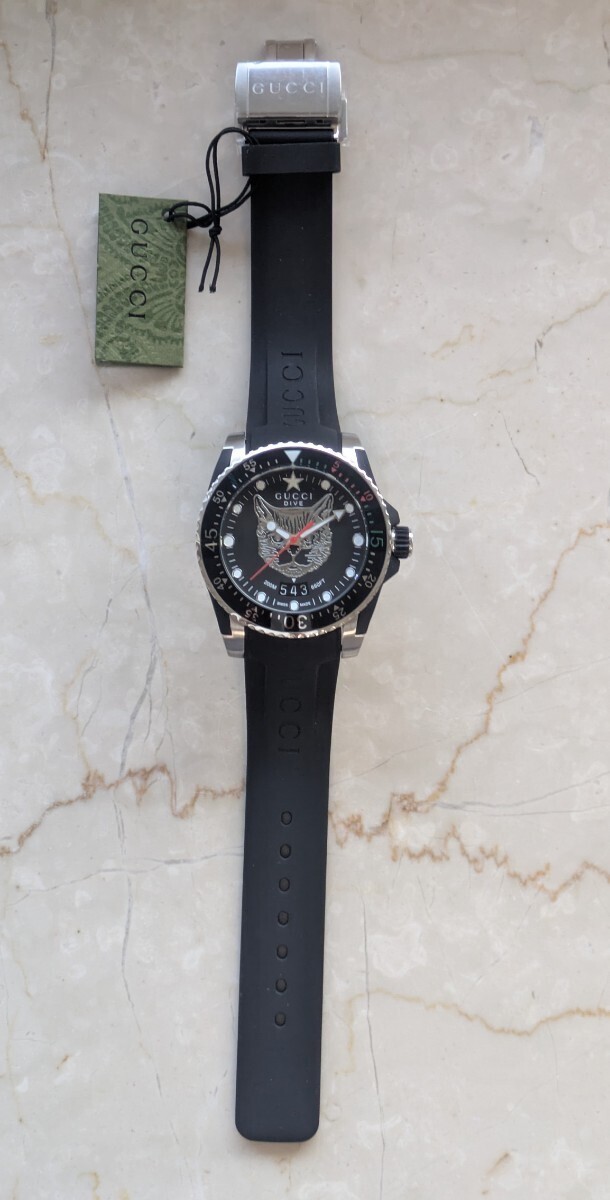 [B1P] GUCCI Watch G Timeless DIVE Cat Black YA136322 Rubber [m4z]