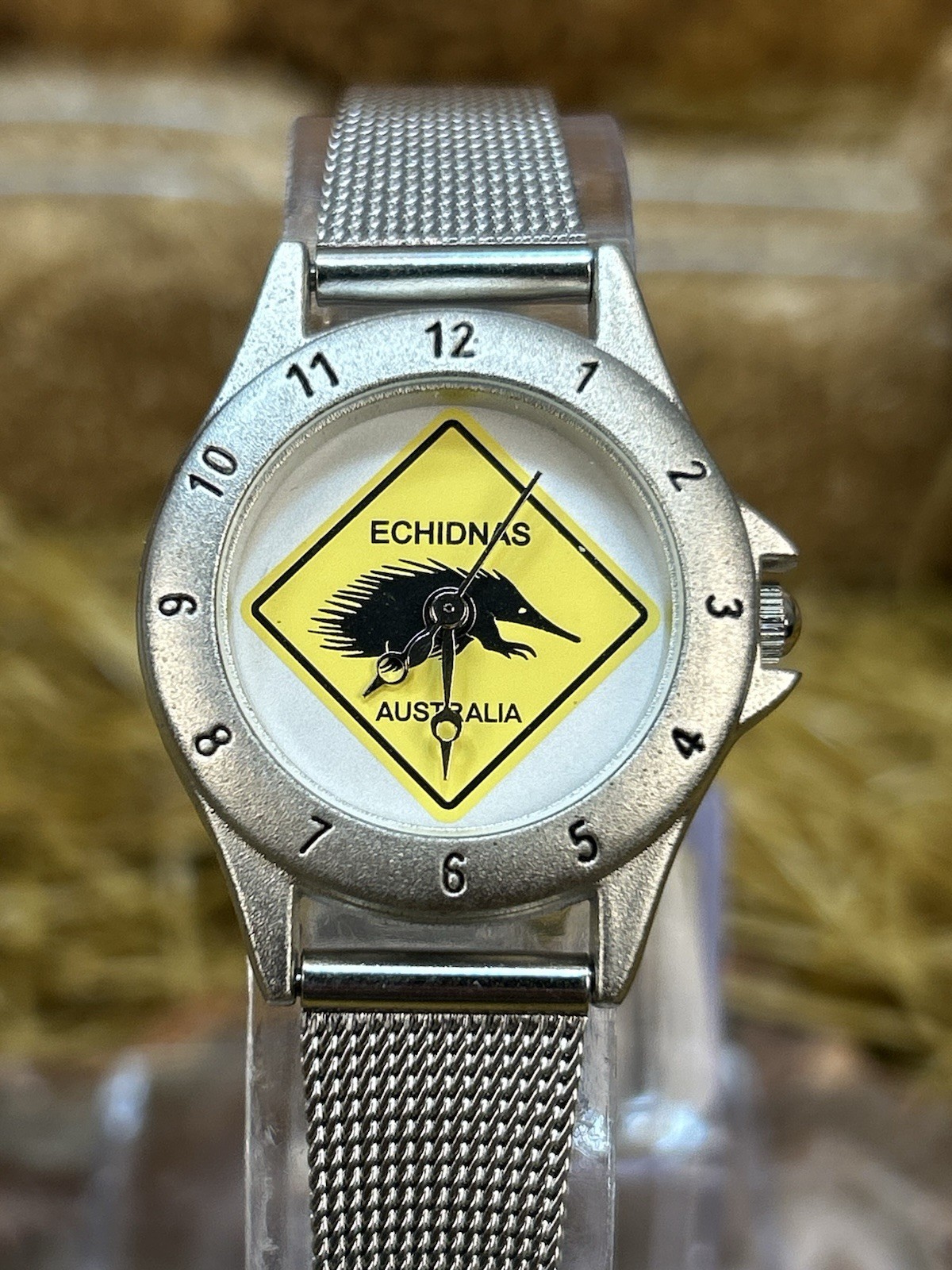 Australia Echidnas Road Sign Ladies Watch Silver Tone Mesh Band Graphic Dial