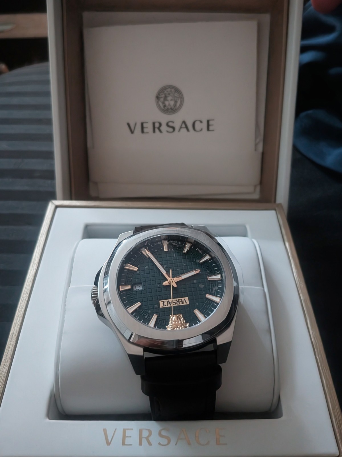 Versace Luxury Leather Men’s Watch, Swiss Made Designer Watch with Green