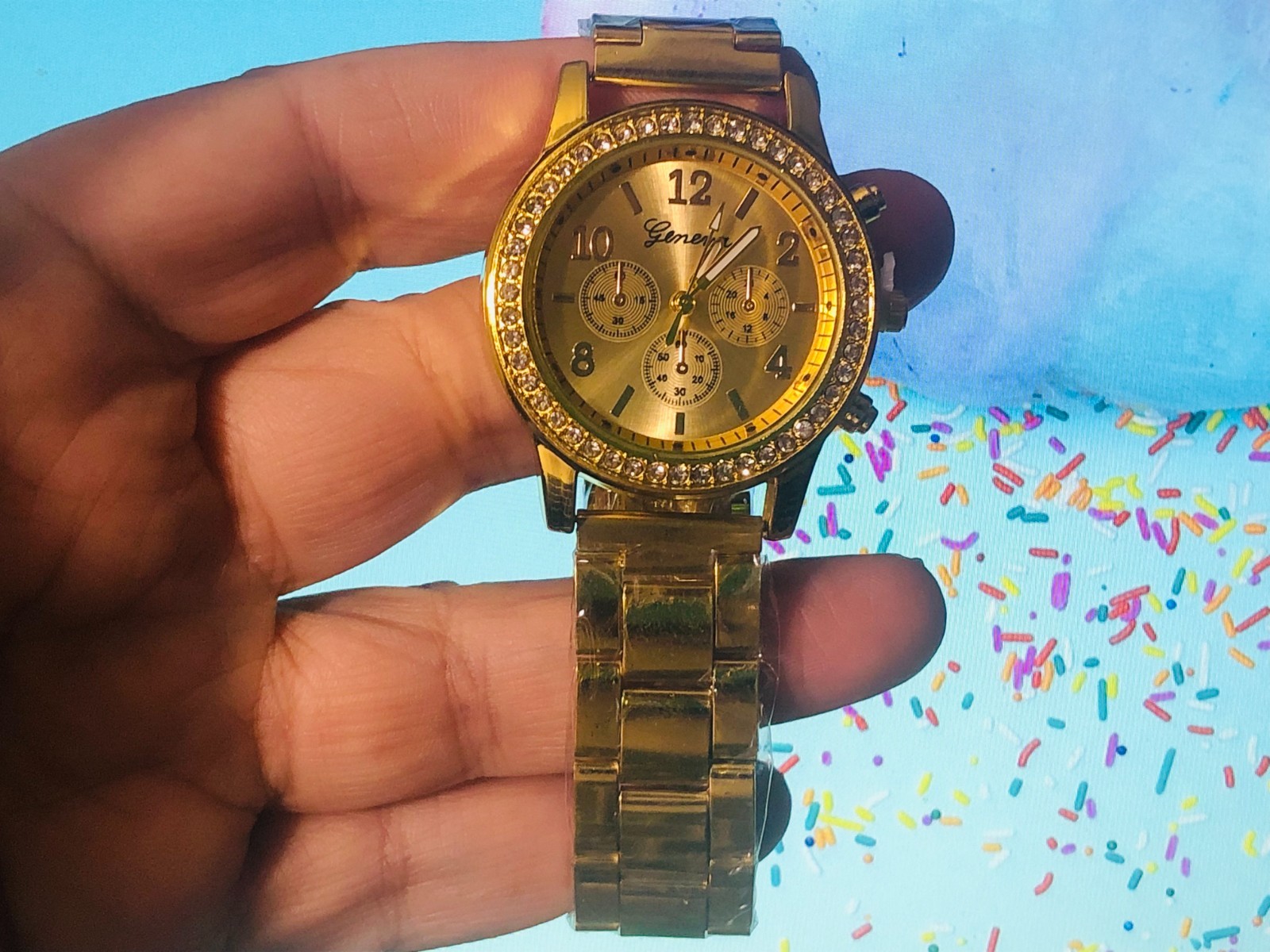 Men’s Watch – Geneva – Gold Face Casing & Band Numerical Second Hand Quartz NEW