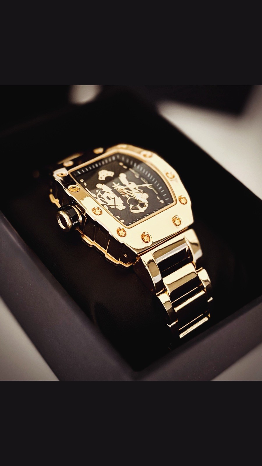 Men’s Gold/Silver/Black Skeleton Luxury Bling Metal Strap Tonneau Watch Gift Set