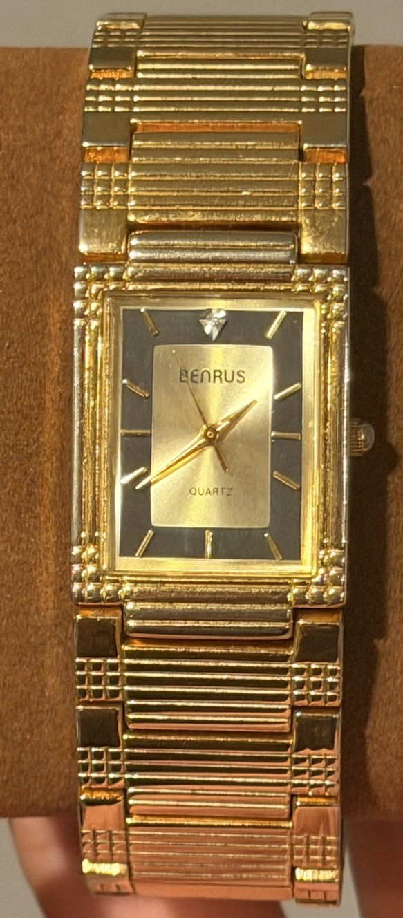 Benrus Quartz Gold Tone Rectangle Tank Analog Watch Metal Bracelet Stick Dial